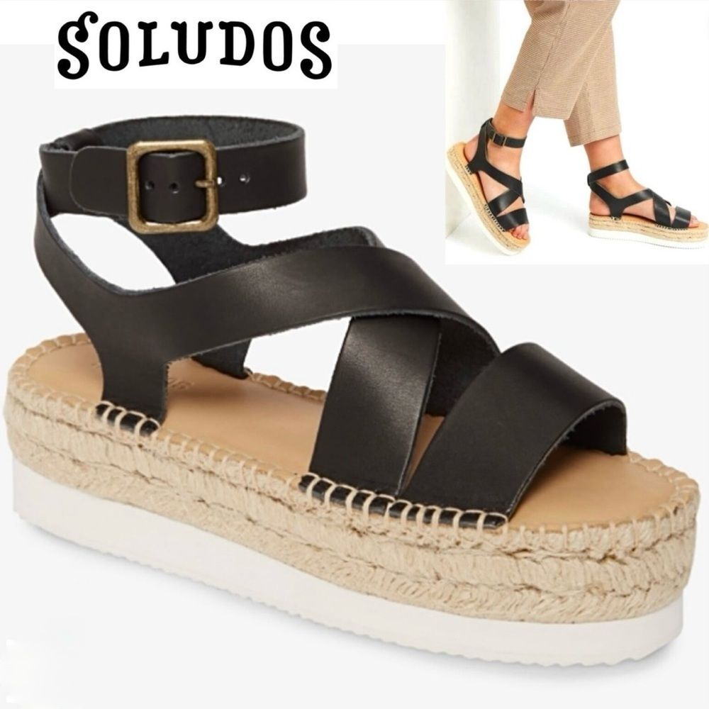 Soludos Olympia Black Leather Espadrille Ankle Strap Sandals - Women’s US 10M